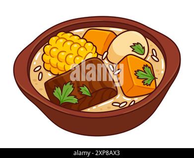 Cazuela, soupe traditionnelle au bœuf chilien. Dessin de dessin animé mignon, illustration clip art vectorielle isolée. Illustration de Vecteur