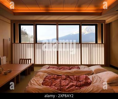 Chambre de style japonais dans la maison d'architecture commerciale avec tatami et vue sur le mont Fuji au Japon Banque D'Images