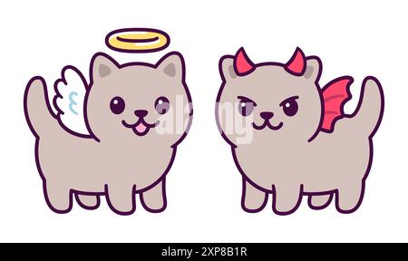 Ange et diable petit chaton bébé, dessin de dessin animé mignon. Illustration simple de style kawaii doodle. Illustration de Vecteur