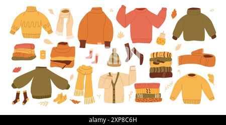 Chandails d'automne, foulards, chaussettes et accessoires chauds. Kit de vêtements automne confortable. Hugge et staycation concept. Vecteur main dessinée à plat collection il Illustration de Vecteur