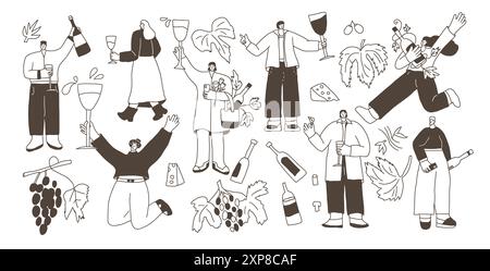 Ensemble d'amateurs de vin. Les gens dans le kit de festival de vin. Personnages mignons avec verre de vin. Illustration de collection de doodle dessinée à la main vectorielle isolée sur BA blanc Illustration de Vecteur