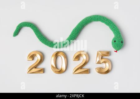 Jouet tricoté rayé serpent vert et numéros or. Symbole de l'année 2025 sur fond gris. Banque D'Images