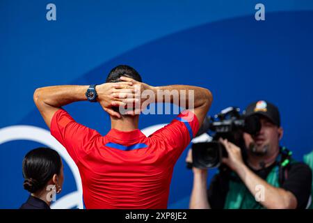 Paris, France. 30 juillet 2024. Jeux Olympiques, match pour la finale de tennis en simple masculin entre l'espagnol Carlos Alcaraz et le serbe Novak Djokovic sur le court central de Roland Garros. © ABEL F. ROS Banque D'Images