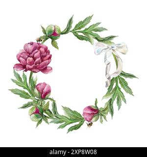 Couronne pivoines. Fleurs de Bourgogne, feuilles, arc blanc. Illustration d'aquarelle botanique dessinée à la main isolée sur fond blanc. Pour les cartes d'anniversaire, nous Banque D'Images