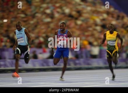 04 août 2024 : Noah Lyles (USA) remporte l'or lors de la finale du 100m masculin le jour 9 des Jeux Olympiques au stade de France, Paris, France. Ulrik Pedersen/CSM. Banque D'Images