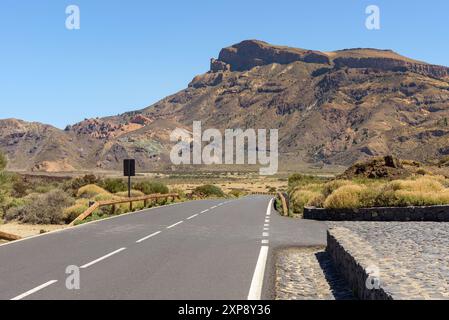 Vue de la route à travers le paysage volcanique du parc national du Teide sur Tenerife. Îles Canaries, Espagne Banque D'Images