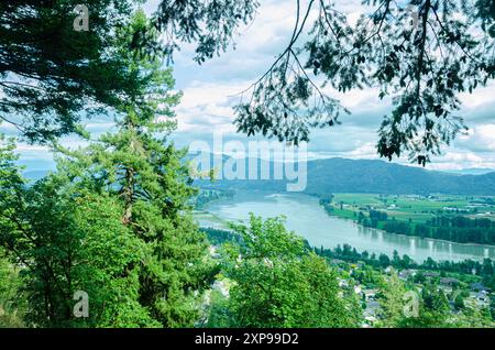 Vue de la ville de Mission avec le fleuve Fraser, la vallée verdoyante et les montagnes en arrière-plan - vallée du Fraser, Colombie-Britannique, Canada Banque D'Images