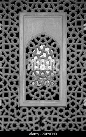 Une fenêtre sculptée en pierre à Humayuns Tomb avec son architecture moghole, a été construite en 1570, et est située à Delhi, en Inde Banque D'Images