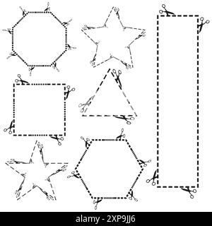 Ensemble de formes de découpe. Ciseaux et lignes pointillées. Images vectorielles noires. Éléments de conception abstraits. Illustration de Vecteur