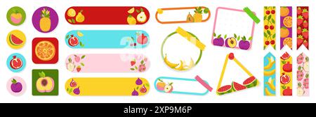 Marque-page et autocollant ensemble de papeterie avec des fruits de bande dessinée ou des baies. Modèle de marque-page papier patch de fruits tranchés collants. Conception d'écusson pour bloc-notes avec pêche orange pomme poire. Illustration vectorielle enfant Illustration de Vecteur