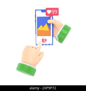 Application de médias sociaux, appuyez sur le bouton comme des images. Téléphone portable intelligent tenant à la main. Smartphone avec interface réseau social.rendu 3D sur backgro blanc Banque D'Images