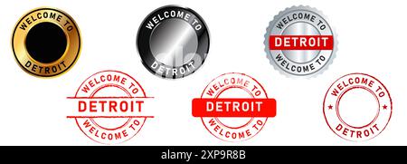 Bienvenue à Detroit ville collection de timbres rétro destination USA Landmark Greet saluant le tourisme label États-unis noir rouge or argent Illustration de Vecteur