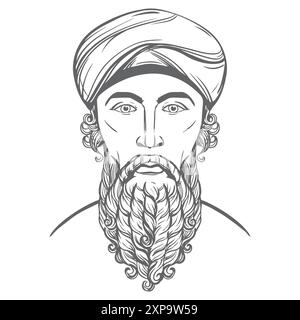 Zarathushtra est le fondateur spirituel de la religion du zoroastrisme. Portrait de l'ancien prophète iranien. Portrait vectoriel d'un homme persan. Bearde Illustration de Vecteur