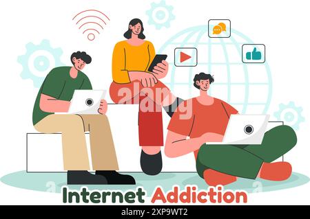 Illustration vectorielle de dépendance à Internet avec des jeunes accros à l'utilisation d'appareils tels que des ordinateurs portables ou des smartphones dans un fond de dessin animé de style plat Illustration de Vecteur