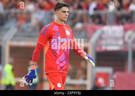 Rieti, Italie. 03 août 2024. Konsatantinos Solakis de l'Olympiakos vu lors du match amical entre Roma et Olympiakos au stade Manlio Scopigno. Score final ; Roma 1:1 Olympiakos crédit : SOPA images Limited/Alamy Live News Banque D'Images