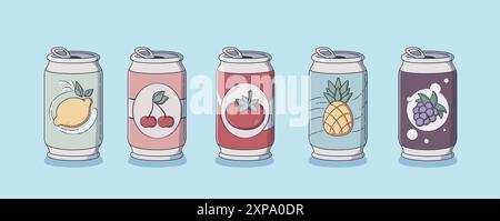 Boîtes de soda aux fruits ensemble isolé sur fond. Illustration vectorielle contemporaine de dessin animé de citron, cerise, tomate, ananas, boissons de jus de raisin, boissons gazeuses dans des récipients métalliques, menu de bar d'été Illustration de Vecteur