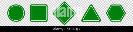 Ensemble de panneaux routiers verts ronds, carrés, rhombiques, triangulaires et hexagonaux. Illustration vectorielle des icônes pour avertir de la situation sur la route. Tr Illustration de Vecteur
