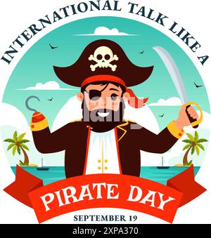 International Talk Like a Pirate Day illustration vectorielle avec de mignons personnages de dessin animé pirate et des éléments décoratifs dans un fond de dessin animé de style plat Illustration de Vecteur