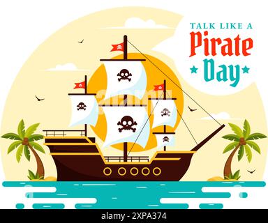 International Talk Like a Pirate Day illustration vectorielle avec de mignons personnages de dessin animé pirate et des éléments décoratifs dans un fond de dessin animé de style plat Illustration de Vecteur