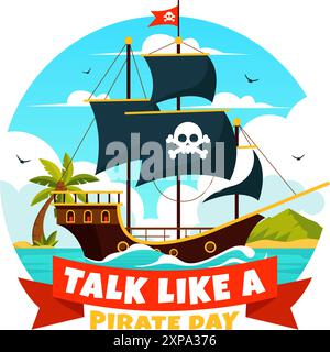 International Talk Like a Pirate Day illustration vectorielle avec de mignons personnages de dessin animé pirate et des éléments décoratifs dans un fond de dessin animé de style plat Illustration de Vecteur