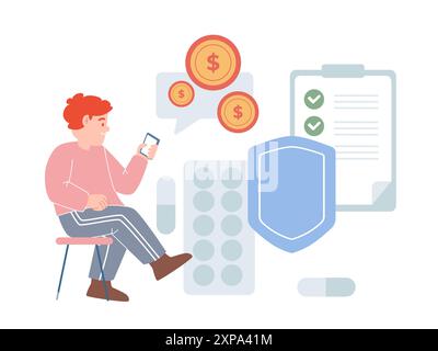 Assurance maladie acheter la protection du téléphone portable payer l'argent de protection de la santé et bouclier liste de document de police traitement médical Illustration de Vecteur