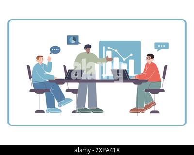 discussion ensemble trois hommes travaillant ensemble hommes coéquipier travail d'équipe discuter de brainstorming présentation graphique expliquant le plan futur Illustration de Vecteur