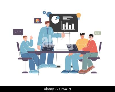 cours de séminaire conférencier expliquant la discussion ensemble travail brainstorming communiquer communication discussion session d'étude analyser la parole du public Illustration de Vecteur