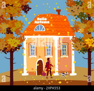 Paysage d'automne, femme en manteau d'automne promenant le chien Illustration de Vecteur