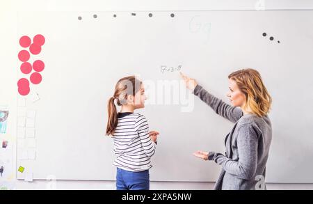 Enseignant travailleur regardant une jeune écolière en classe. Une étudiante écrivant sur un tableau blanc. Banque D'Images