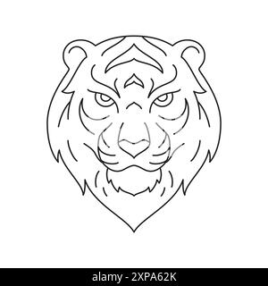 Y2K tête de tigre en colère animal félin sauvage monochrome illustration vectorielle d'icône de contour. Agressif puissance savane habitat exotique mascotte caractère portrai Illustration de Vecteur