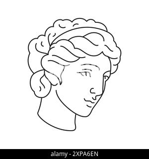 Y2K femme grecque déesse sculpture tête pop art contour icône illustration vectorielle. Antique beau visage féminin portrait monument statue classique cultur Illustration de Vecteur