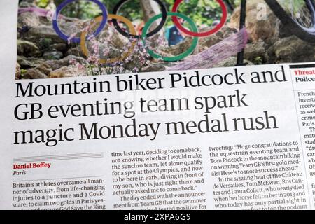 « Mountain Biker Pidcock et GB Eventing team Spark Magic Monday Medal Rush » titre du journal Guardian 30 juillet 2024 Londres Royaume-Uni Banque D'Images