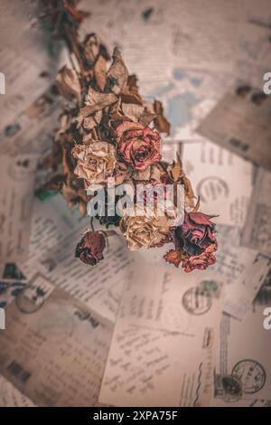 Bouquet de roses séchées couché sur un tas de lettres vintage et de cartes postales, sens de la nostalgie et des souvenirs romantiques Banque D'Images