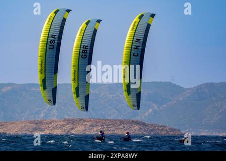 Marseille, France. 04 août 2024. Illustration, voile, cerf-volant masculin pendant les Jeux Olympiques Paris 2024 le 4 août 2024 à Marseille Marina, France - photo Norbert Scanella/Panoramic/DPPI Media Credit : DPPI Media/Alamy Live News Banque D'Images