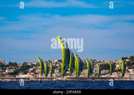 Marseille, France. 04 août 2024. Illustration, voile, cerf-volant féminin pendant les Jeux Olympiques Paris 2024 le 4 août 2024 à Marseille Marina, France - photo Norbert Scanella/Panoramic/DPPI Media Credit : DPPI Media/Alamy Live News Banque D'Images