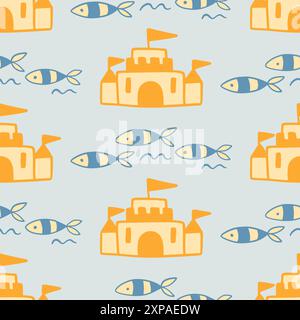 Imprimé estival à motif de sable et de poisson sans couture Illustration de Vecteur
