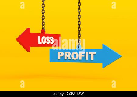 La prise de risques commerciaux et le choix entre les profits et les pertes. Flèches directionnelles avec les mots profit et perte suspendus avec des chaînes sur le dos jaune Banque D'Images