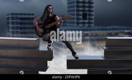 une rock star masculine se tient au-dessus de la ville sur des poutres en acier et joue de sa guitare électrique. Banque D'Images