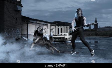 une rock star masculine se tient dans un environnement nocturne perdu et joue de sa guitare électrique. il est accompagné d'un loup hurlant. Banque D'Images