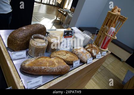 Paris, France. 4 août 2024. Dégustation par les syndicats des bouchers, boulangers et Cheesemakers du Grand Paris et la Confédération générale de la distribution alimentaire. La Chambre des métiers et métiers de Paris propose vins, champagnes et eaux au Carreau du Temple le 4 août 2024 à Paris. Crédit : Bernard Menigault/Alamy Live News Banque D'Images