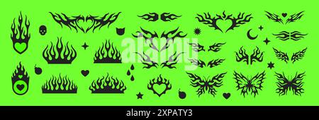 Y2K trendy Black Fire Flames Burning Shapes Vector illustrations Set. Style de tatouage monochrome abstrait surréaliste Blaze pour autocollant, imprimé et t-shirt de Illustration de Vecteur