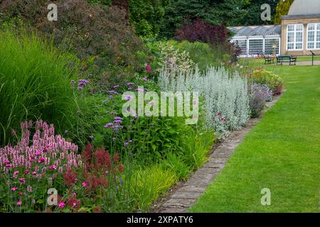 Bordure herbacée aux jardins botaniques de Sheffield en été. Yorkshire du Sud, Angleterre. Banque D'Images