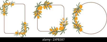 Illustration de trois couronnes de baies d'argousier avec des feuilles vertes, chacune formant un arrangement circulaire des baies orange vif et du feuillage verdoyant. Illustration de Vecteur