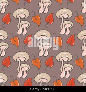 Motif sans couture d'automne de forêt avec des champignons et des feuilles. Fond d'automne coloré. Boletus sauvage et impression de feuillage, graphique vectoriel Illustration de Vecteur