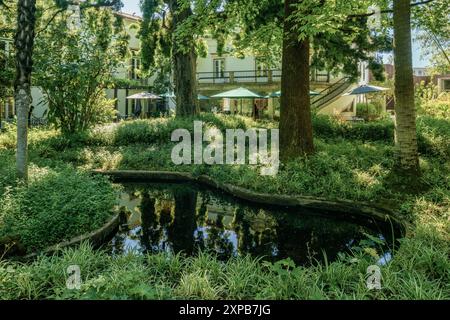 Terrasse du bar de l'hôtel Quinta das Lagrimas, dans le jardin historique luxuriant de la ville portugaise de Coimbra, Portugal Banque D'Images