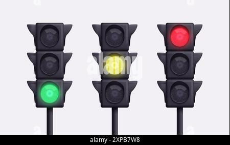 Ensemble de feux de circulation réalistes dans le style 3D, isolé sur un fond clair. Illustration vectorielle. Illustration de Vecteur