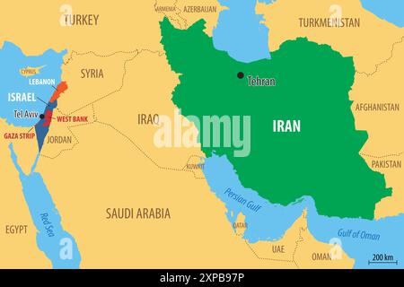 Carte vectorielle d'Israël et de l'Iran, y compris les zones de Cisjordanie et de la bande de Gaza et les pays voisins Banque D'Images