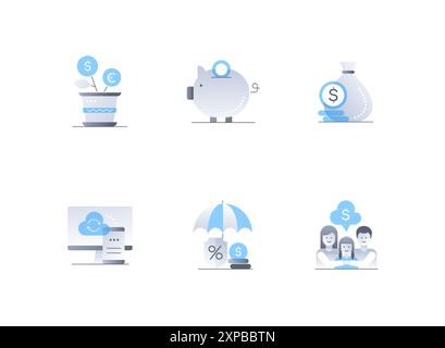 Épargne et finances - ensemble d'icônes de style de conception plat Illustration de Vecteur
