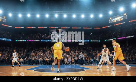 Joueur de basket-ball noir en cours d'exécution pour marquer un impressionnant but de deux points avec un Slam Dunk devant le public de fans de Cheering. Chaîne de télévision sportive cinématographique filmée avec Back View action. Banque D'Images