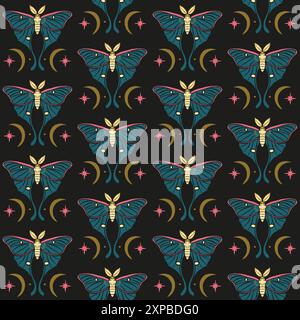 Motif sans couture avec motif céleste luna Moth et Paisley. Fond d'écran boho étoiles et lunes Illustration de Vecteur